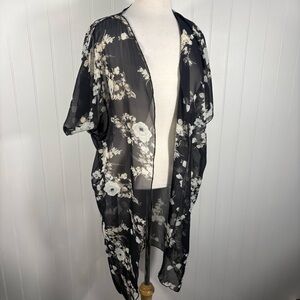 Revamped Sheer Floral Kimono Black Lightweight Duster Cardigan Small Resortwear